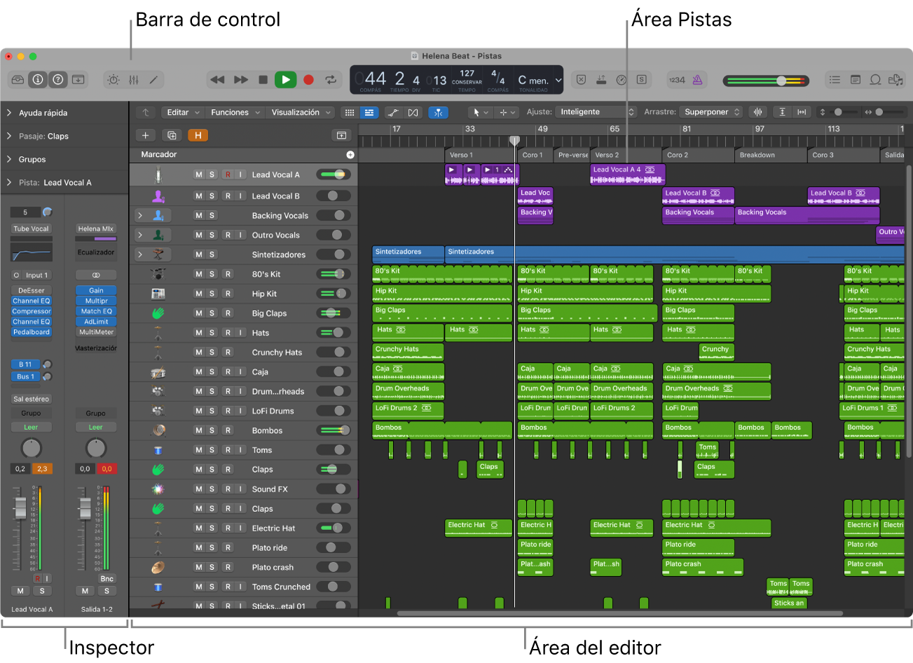 Ilustración. Ventana principal de Logic Pro.