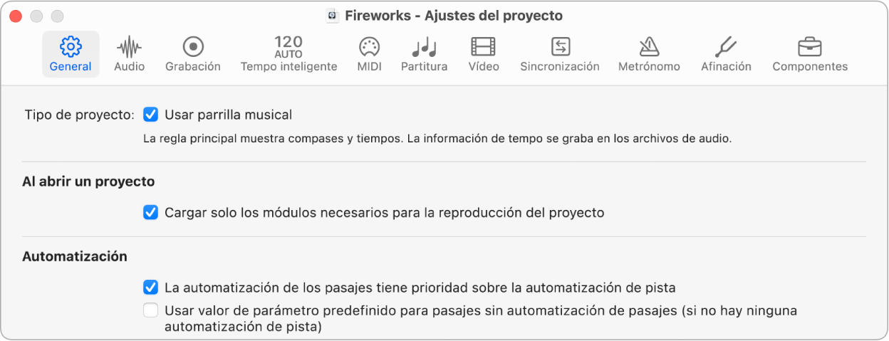 Ilustración. Pestaña General de ajustes del proyecto.