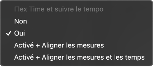 Figure. Menu local « Flex et suivre » dans l’inspecteur de piste montrant les choix proposés.