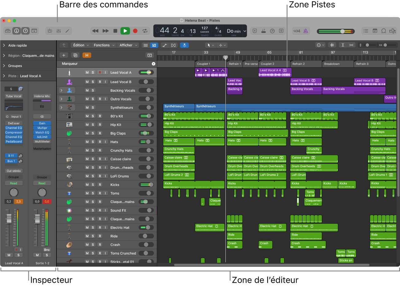 Figure. Fenêtre principale de Logic Pro.