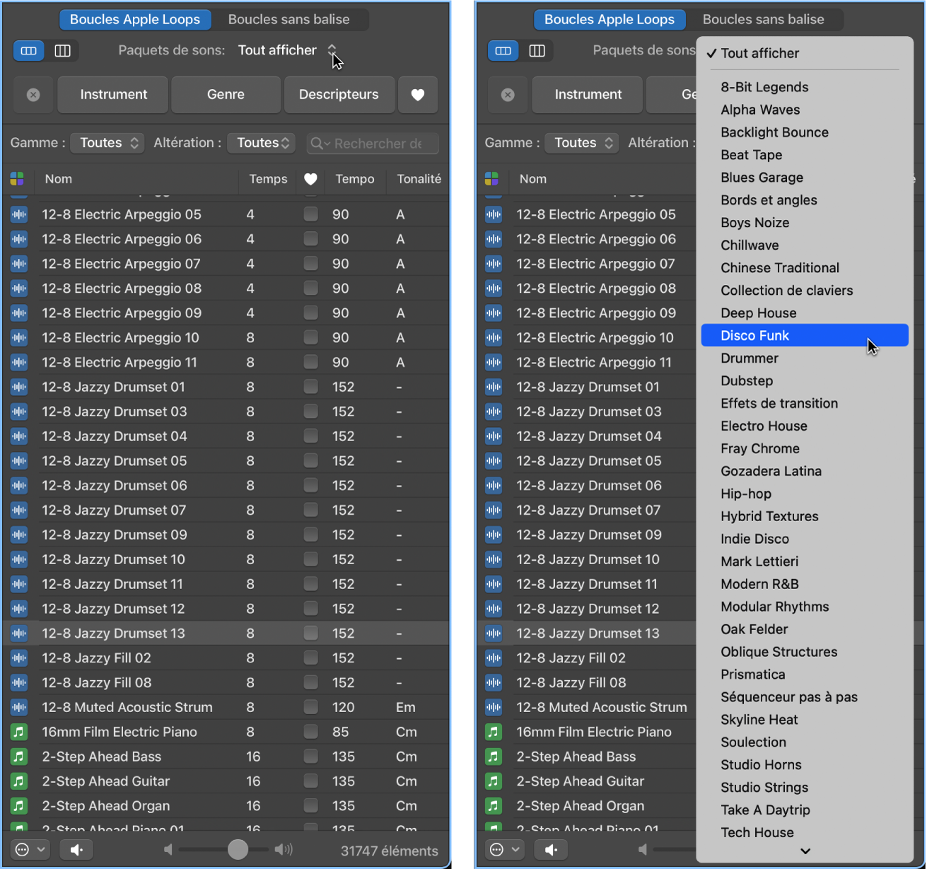 Figure. Menu local « Paquets de sons » affichant les boucles disponibles.