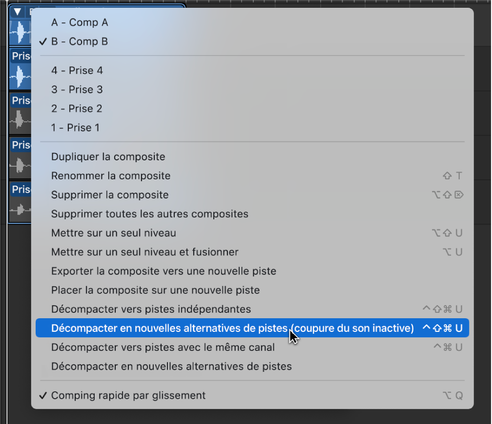 Figure. Sélection de « Décompacter en nouvelles alternatives de pistes (coupure du son inactive) » dans le menu local.