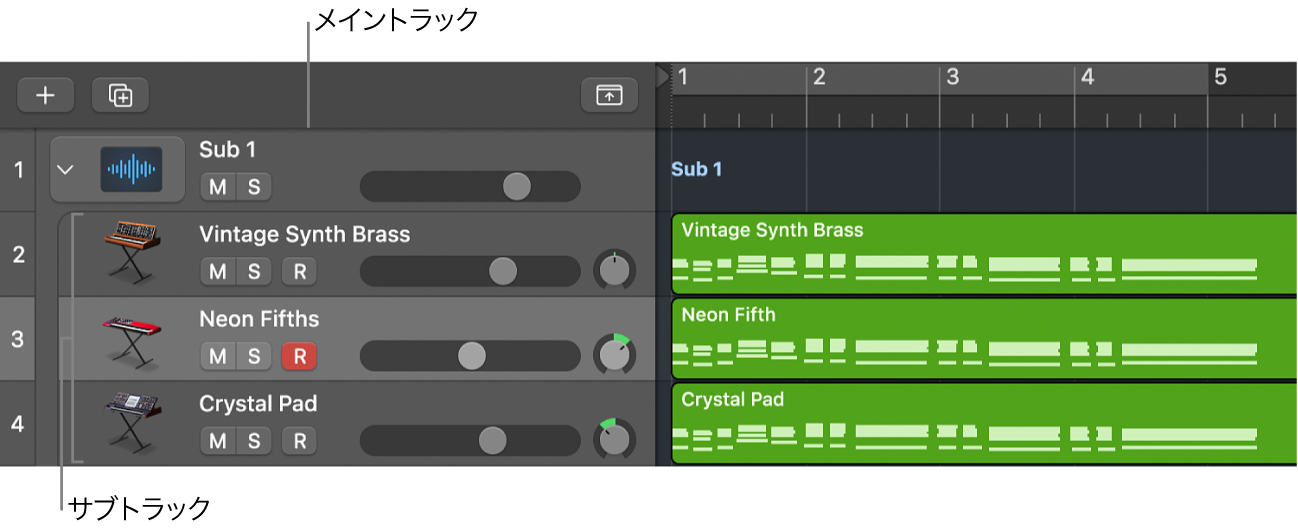 図。メイントラックとサブトラックが表示されたフォルダスタック。