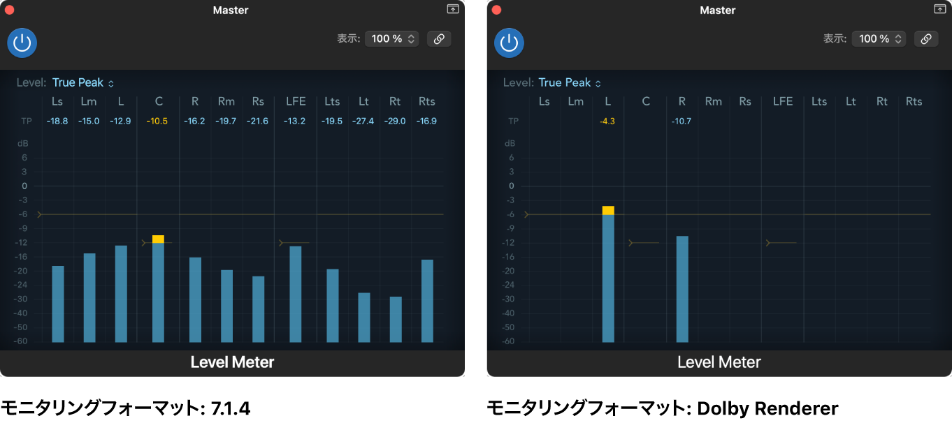 図。異なるモニタリングフォーマットでのLevel Meterの表示