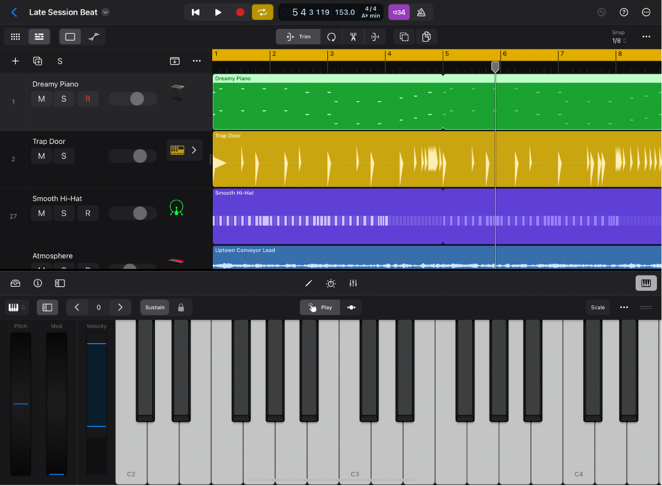 Figure. Logic Pro for iPad with the Keyboard Play Surface open.