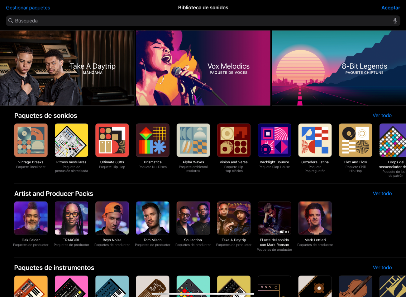 Ilustración. La biblioteca de sonidos de Logic Pro para iPad.