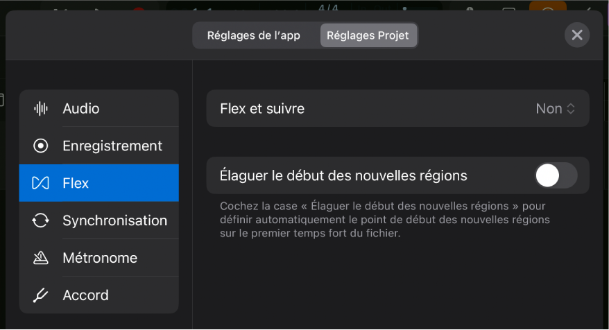 Réglages Flex de projet.