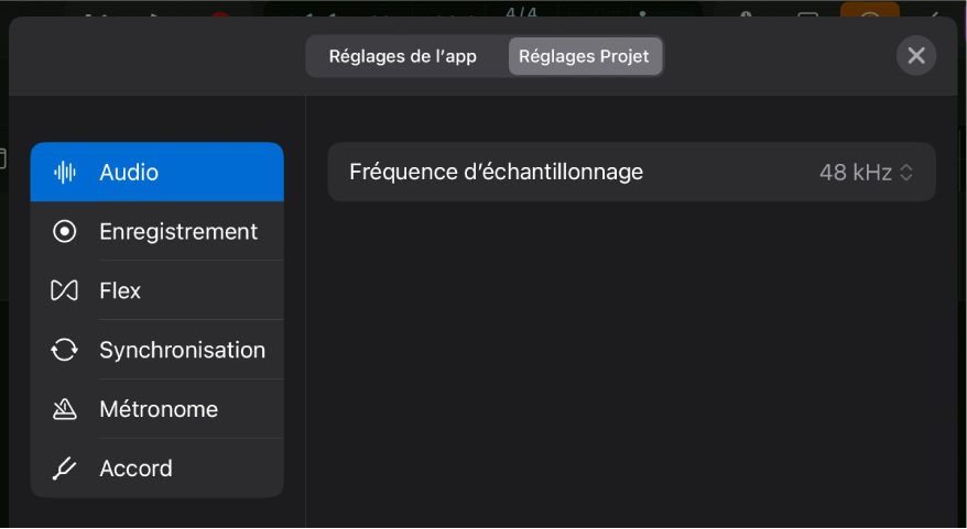 Réglages audio de projet.
