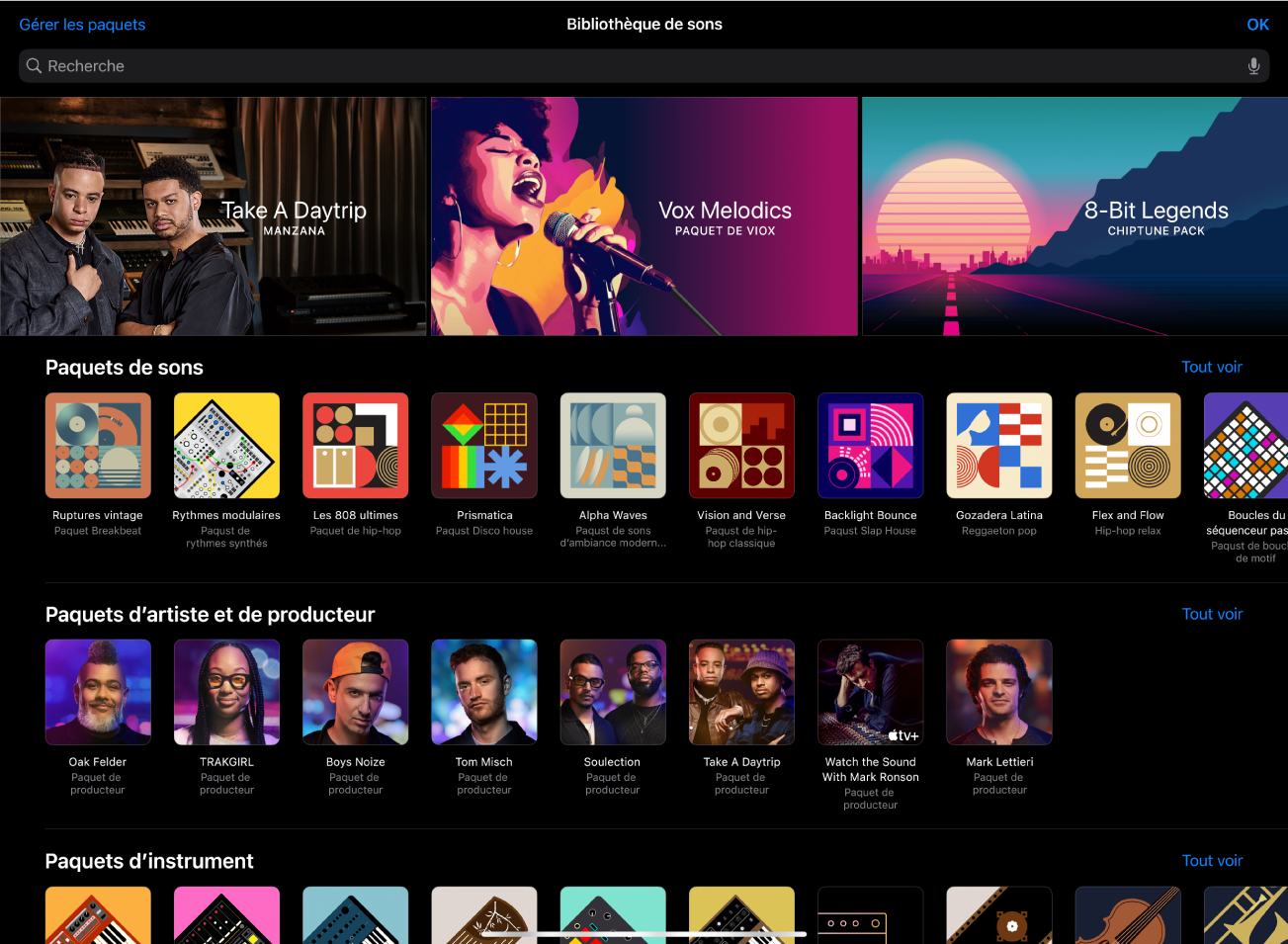 Figure. Bibliothèque de sons dans Logic Pro pour iPad.