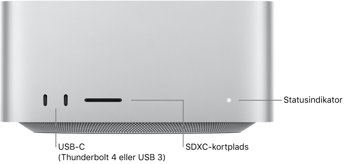 Forsiden af Mac Studio, der viser to USB-C-porte, SDXC-kortpladsen og statusindikatoren.