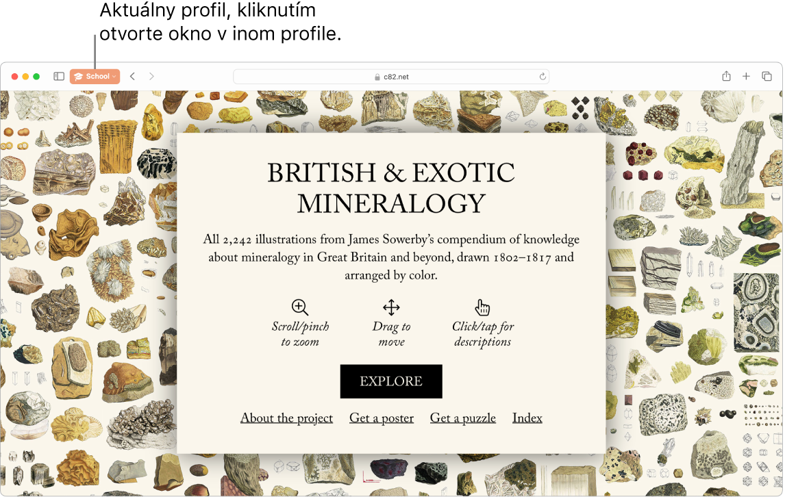 Okno Safari s aktívnym profilom Škola.