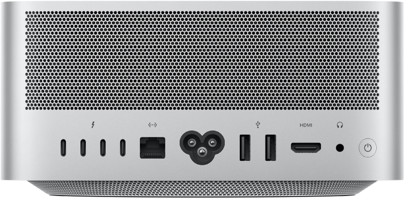 Mac Studio 的背面,包含各種連接埠和電源按鈕。