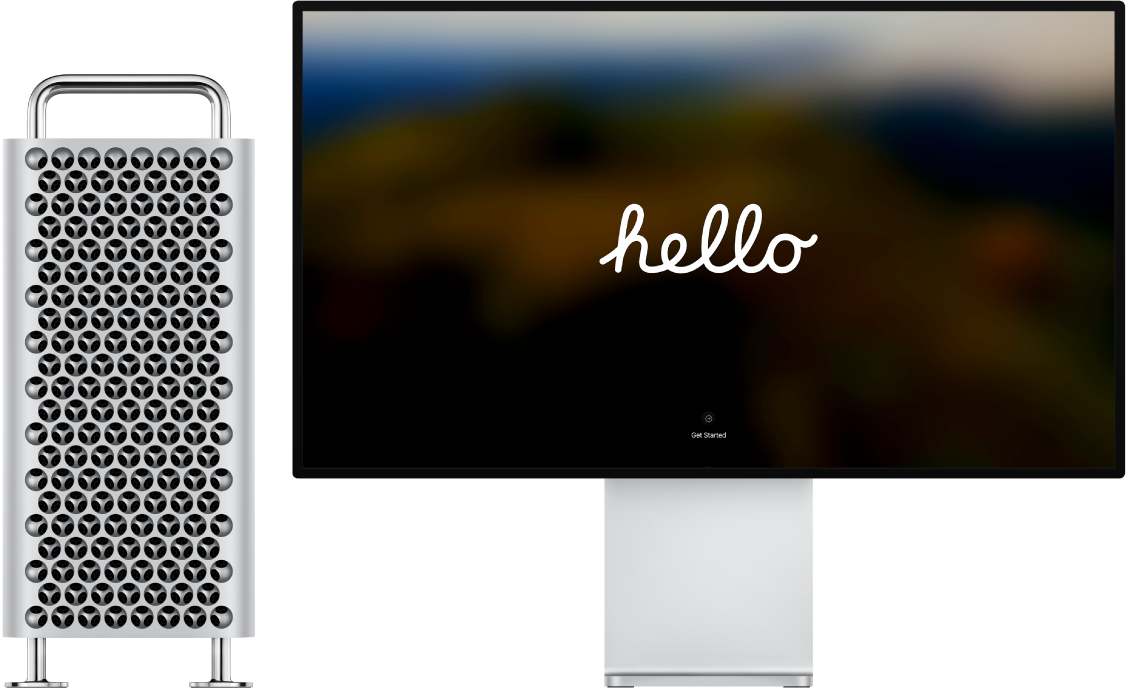 Un Mac Pro al costat d’una pantalla Pro Display XDR, amb la paraula “hola” a la pantalla.