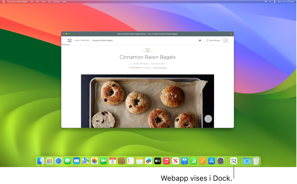 En åben webside med symbolet for den i Dock.
