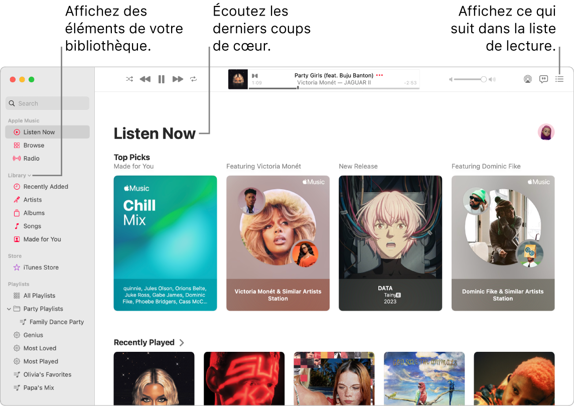 La fenêtre de l’app Musique indiquant comment afficher votre bibliothèque, écouter Apple Music et voir le prochain morceau.