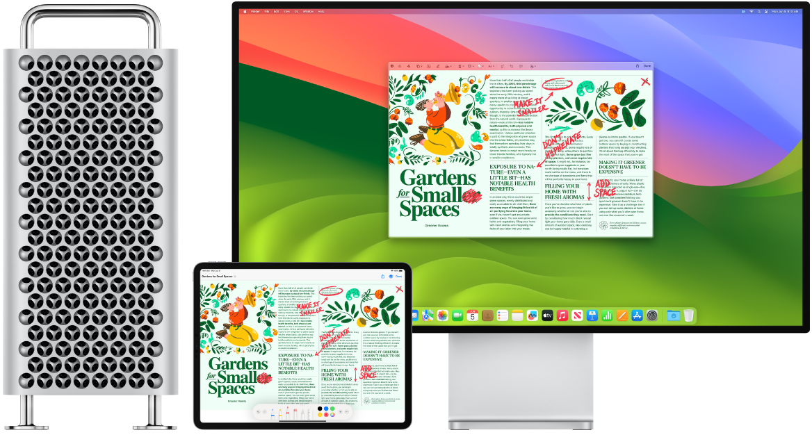 Mac Pro ו-iPad יושבים זה לצד זה. שני המסכים מציגים מאמר המכוסה בתיקונים אדומים קטנים בכתב יד, כמו משפטים מחוקים בקו, חצים ומילים שנוספו. ב-iPad יש פקדי סימון גם בתחתית המסך.