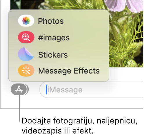 Izbornik Aplikacija s opcijama za prikaz fotografija, naljepnica, GIF-ova i efekta poruka.