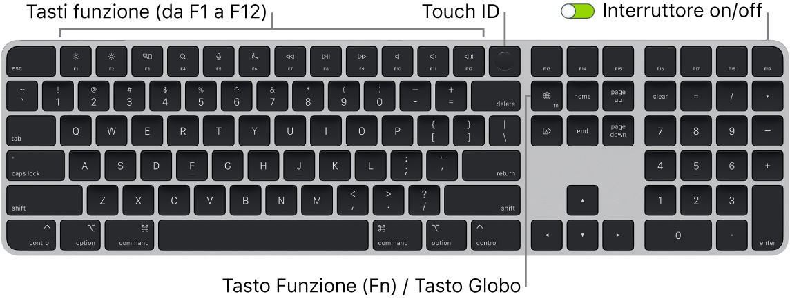 La tastiera Magic Keyboard con Touch ID e tastierino numerico che mostra i tasti funzione e Touch ID in alto e il tasto Funzione (Fn)/Globo a destra del tasto Canc.