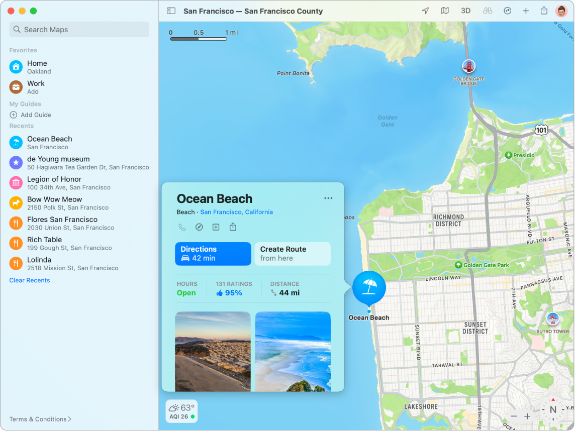 Mapa San Francisco z widocznym muzeum. Okno informacyjne pokazuje ważne informacje o firmie.