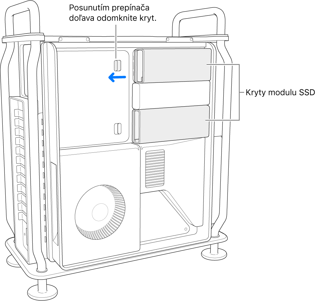 Prepínač je posunutý doľava, aby sa odomkol kryt SSD.