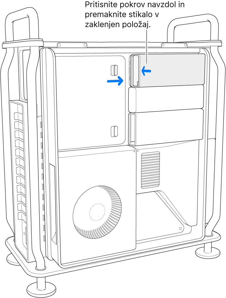 Ponovno namestite pokrove SSD tako, da stikalo za zaklepanje premaknete v desno in pritisnete navzdol na pokrov SSD.
