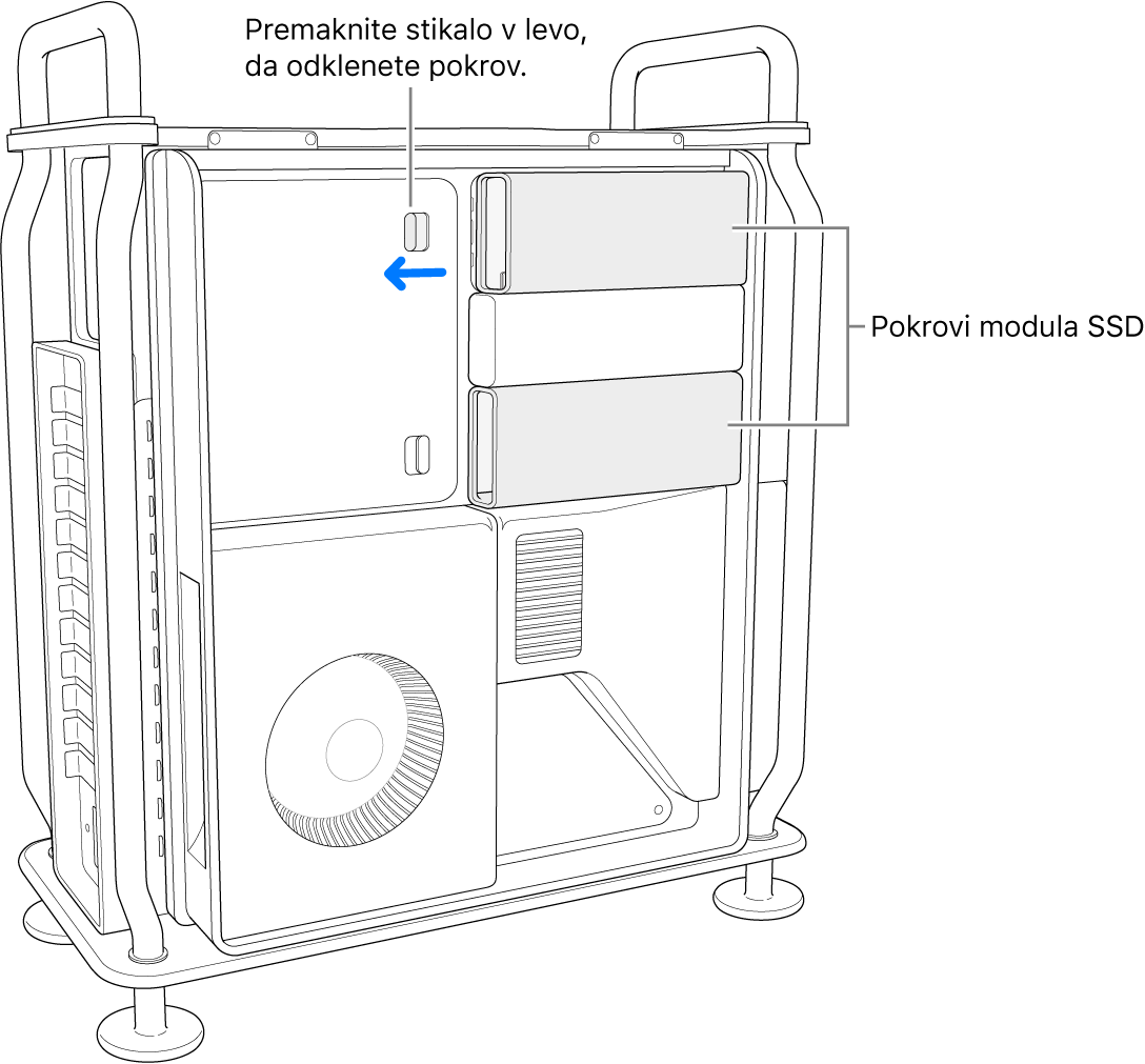 Premikanje stikala v levo, da odklenete pokrov SSD.