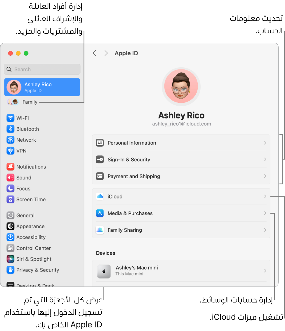 إعدادات Apple ID في إعدادات النظام بها وسائل شرح لتحديث معلومات الحساب، وتشغيل ميزات iCloud أو إيقافها، وإدارة حسابات الوسائط، والعائلة، حيث يمكنك إدارة أفراد العائلة والإشراف العائلي والمشتريات والمزيد.