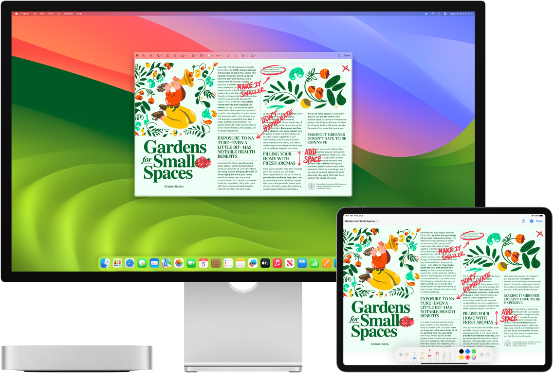 En Mac mini og en iPad, der står ved siden af hinanden. Begge skærme viser en artikel dækket af håndskrevne røde redigeringer, f.eks. overstregede sætninger, pile og tilføjede ord. iPad har også markeringsmuligheder nederst på skærmen.