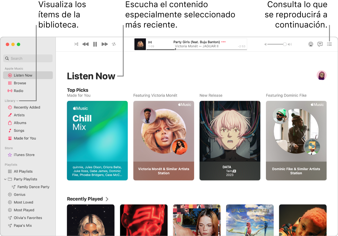 Una ventana de la app Música donde se muestra cómo ver tu biblioteca, escuchar Apple Music y ver qué se reproducirá a continuación.