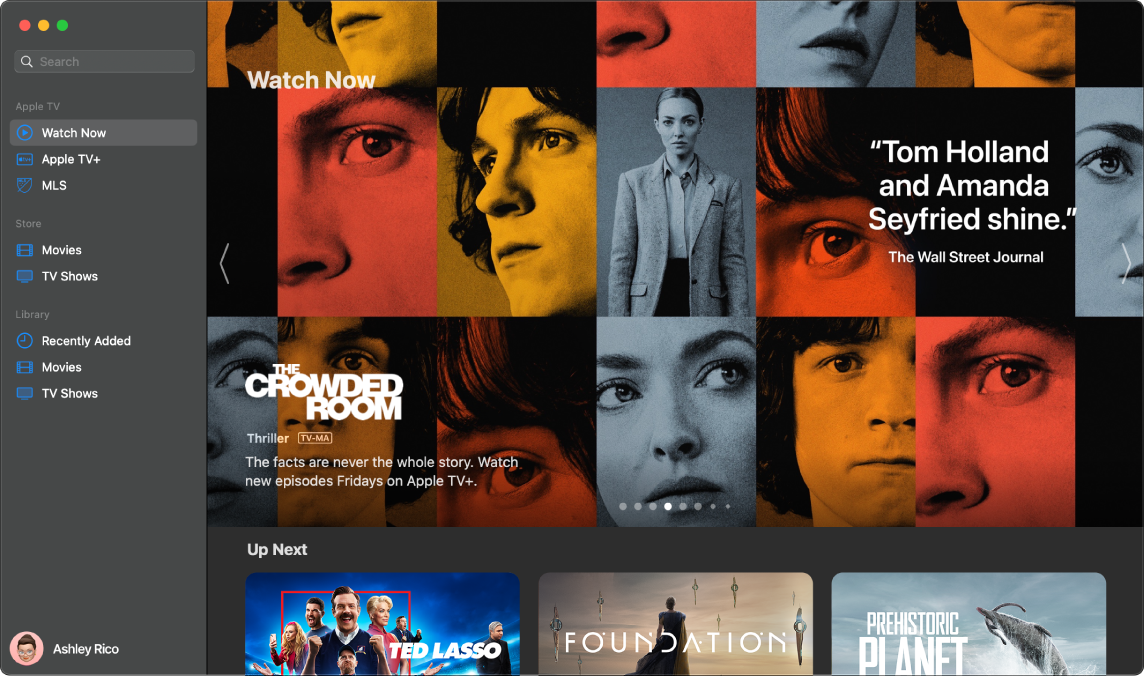 Jendela app Apple TV menampilkan tampilan Tonton Sekarang.