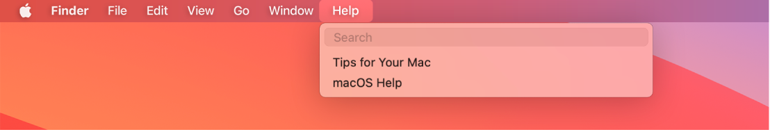 도움말 메뉴가 열려 있고 검색 및 macOS 도움말 메뉴 옵션을 표시하는 데스크탑 화면의 일부.