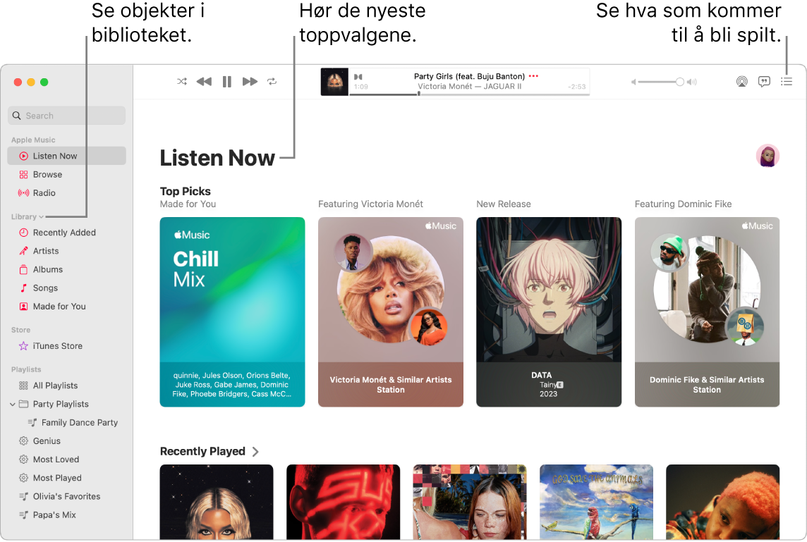 Et Musikk-appvindu som viser hvordan du kan vise biblioteket, lytte til Apple Music og se neste sang.