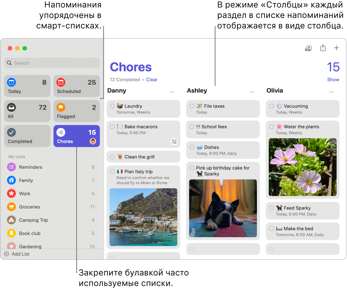 Окно Напоминаний: слева отображаются смарт-списки слева, под ними — другие напоминания и списки. На напоминание наведен указатель. Сносками отмечены смарт-списки и кнопка добавления нового напоминания.