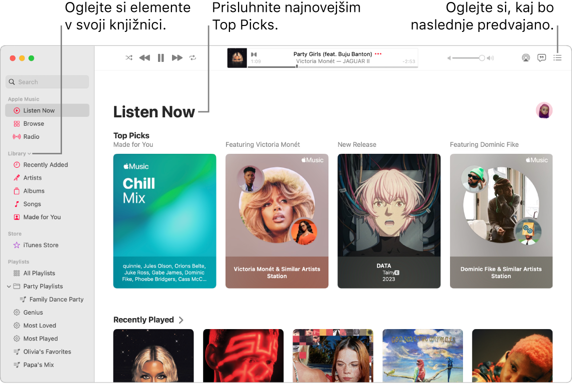 Okno aplikacije Music, v katerem je prikazano, kako si ogledate svojo knjižnico, poslušate glasbo Apple Music in si ogledate, katera skladba je naslednja.