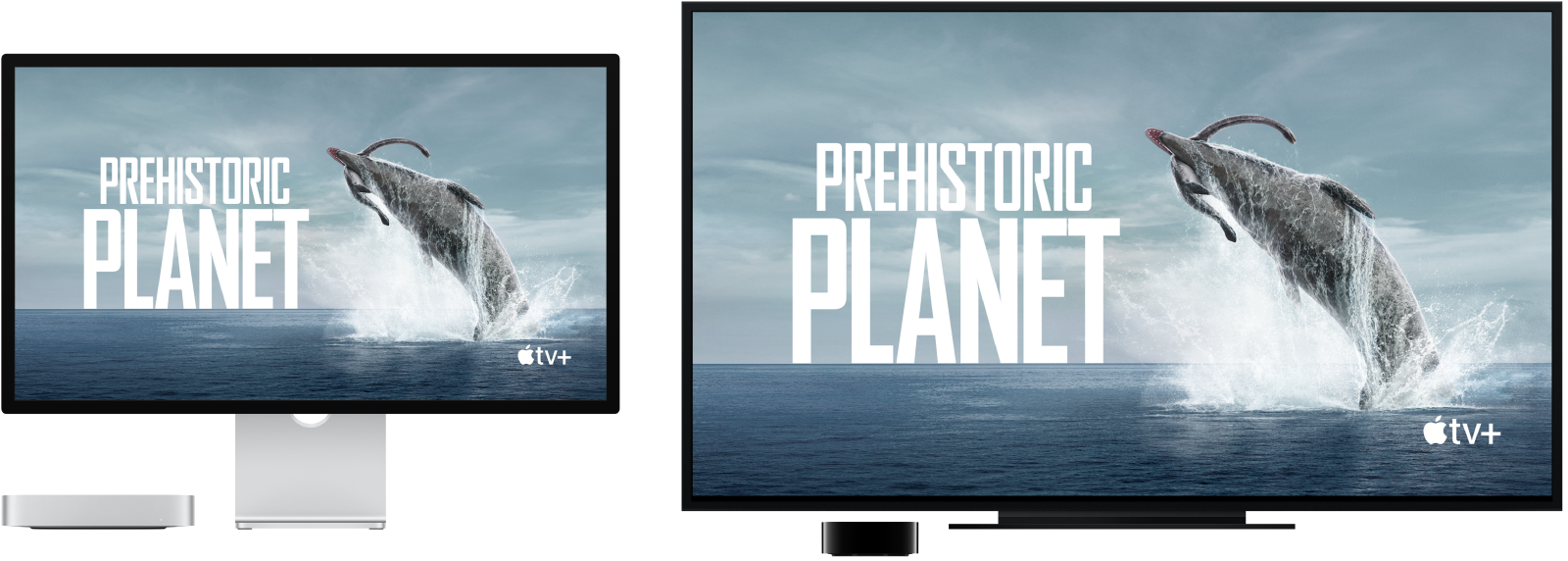 Mac mini, зображення з якого продубльовано на великому телевізорі HDTV за допомогою Apple TV.