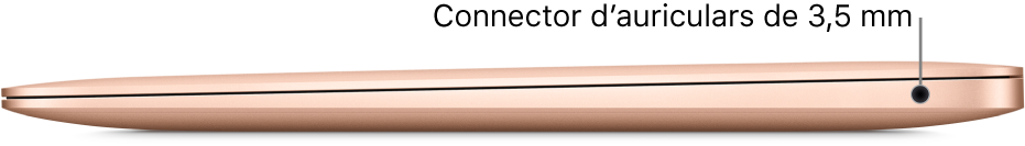 Vista lateral dreta d’un MacBook Air en què s’indica la posició del connector de 3,5 mm per als auriculars.
