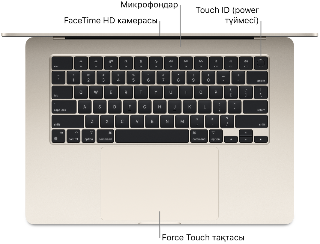 FaceTime HD камерасына, микрофондарға, Touch ID тақтасына (қуат түймесі) және Force Touch тақтасына тілше деректері бар ашық MacBook Air компьютерінің төменгі көрінісі.