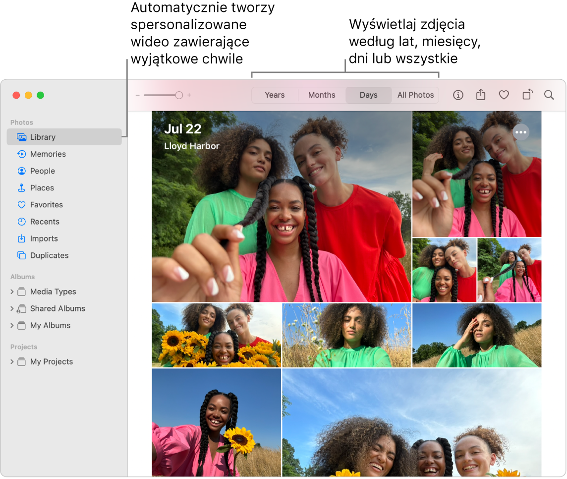 Okno aplikacji Zdjęcia z widoczną etykietą Wspomnienia na pasku bocznym po lewej. Na górze okna aplikacji Zdjęcia znajduje się menu podręczne umożliwiające przeglądanie zdjęć w albumie według dni, miesięcy i lat.