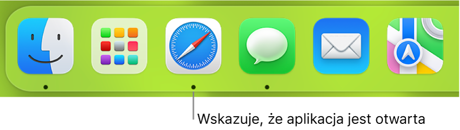Fragment Docka z czarnymi kropkami pod ikonami otwartych aplikacji.