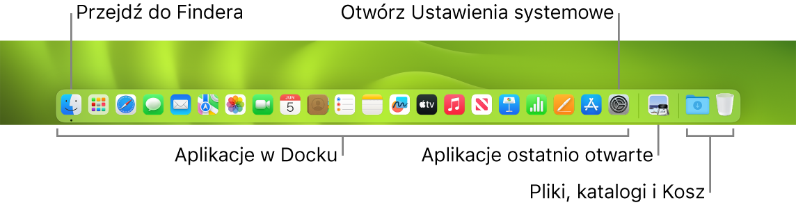 Widok Docka z widocznym Finderem, Ustawieniami systemowymi oraz separatorem oddzielającym aplikacje od plików i folderów.