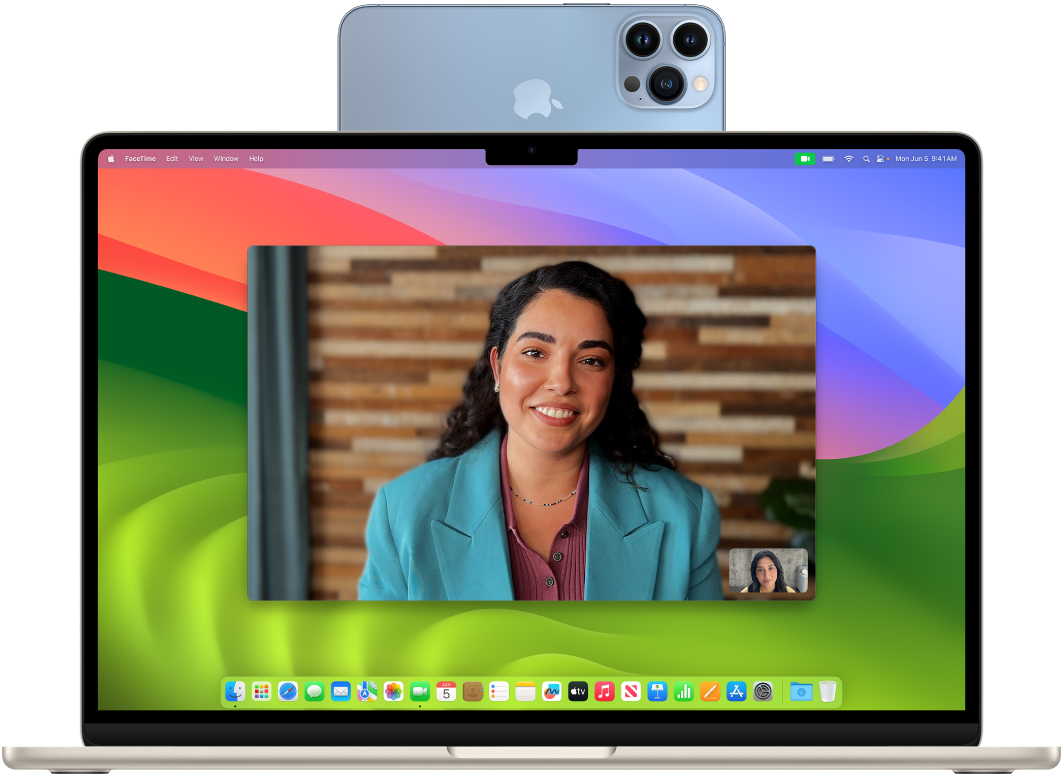Um MacBook Air a mostrar uma sessão do FaceTime com o enquadramento central com a Câmara de Continuidade.