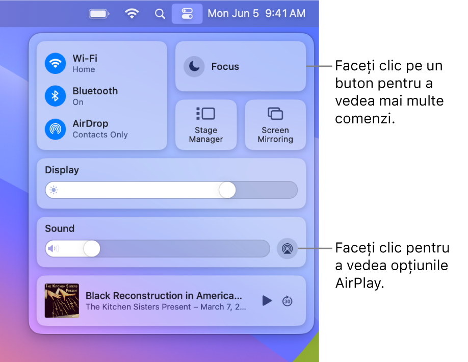 Vizualizare mărită a centrului de control de pe Mac cu o explicație pentru butonul Afișaj.