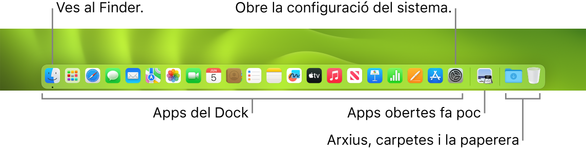El Dock amb el Finder, l’app Configuració de Sistema i el divisor del Dock que separa les apps dels arxius i carpetes.