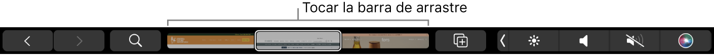 Touch Bar de Safari con las flechas Atrás y Adelante, el botón de búsqueda, la barra de arrastre de pestañas y el botón "Agregar marcador".