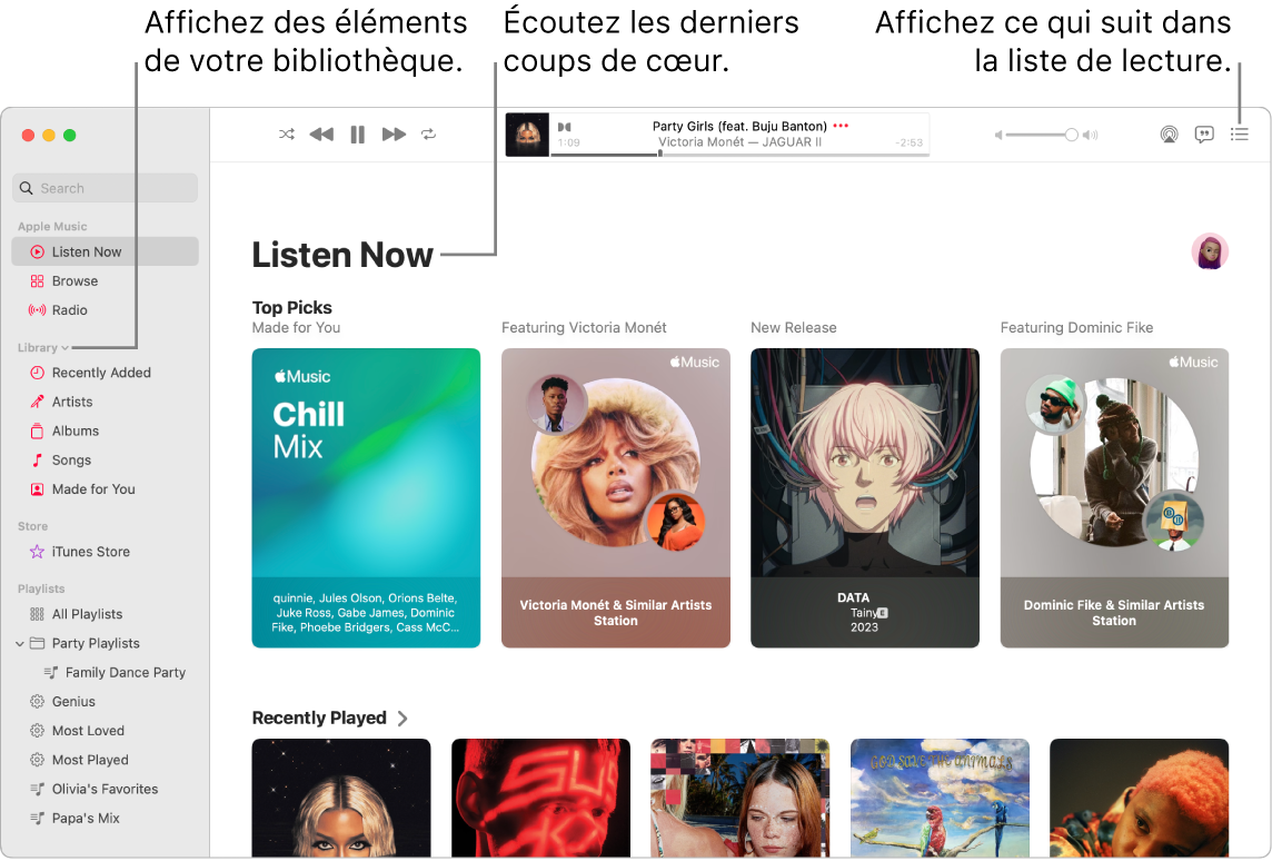 La fenêtre de l’app Musique indiquant comment afficher votre bibliothèque, écouter Apple Music et voir le prochain morceau.
