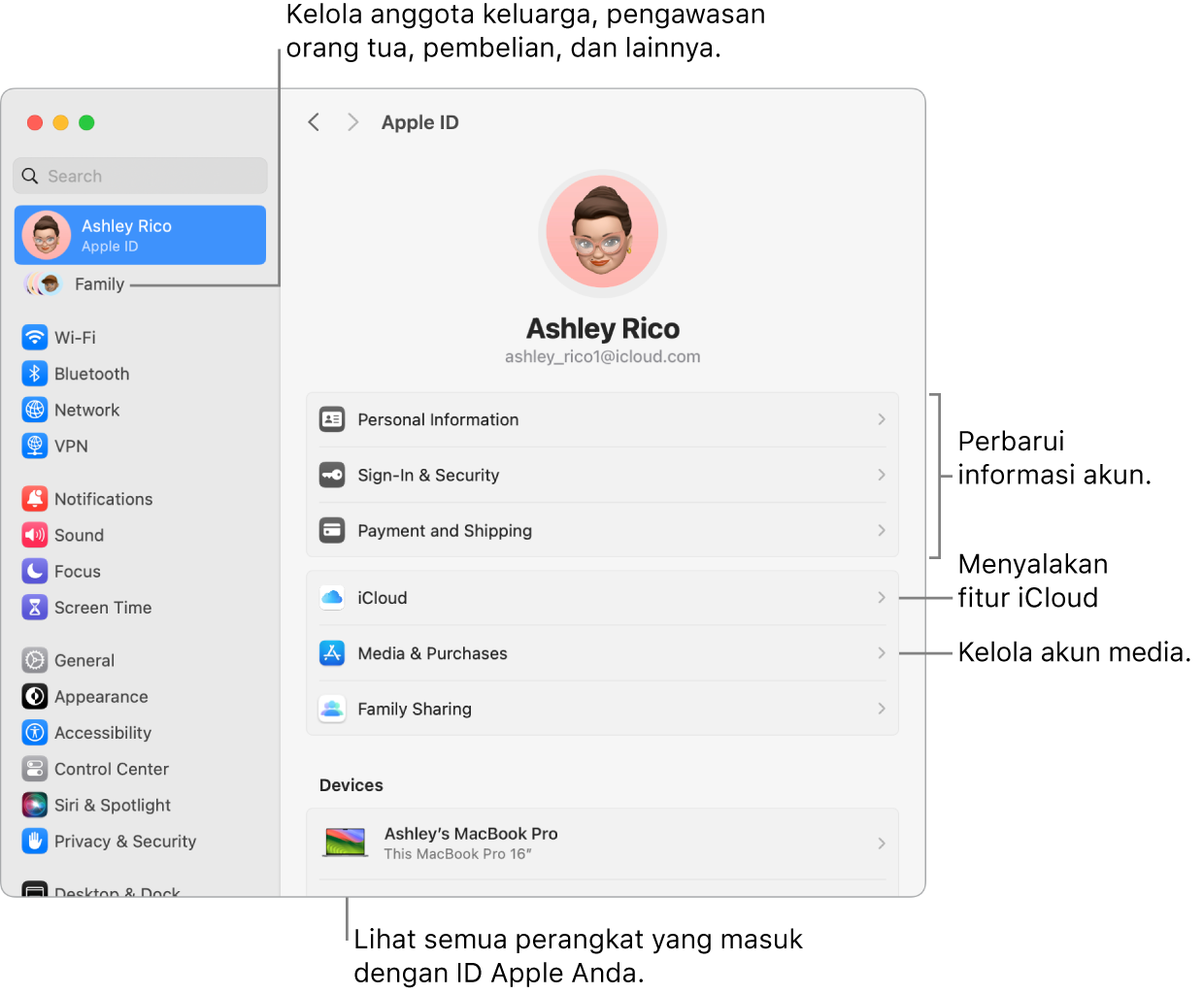Pengaturan ID Apple di Pengaturan Sistem dengan keterangan untuk memperbarui informasi akun, menyalakan atau mematikan fitur iCloud, mengelola akun media, dan Keluarga, tempat Anda dapat mengelola anggota keluarga, pengawasan orang tua, pembelian, dan lainnya.