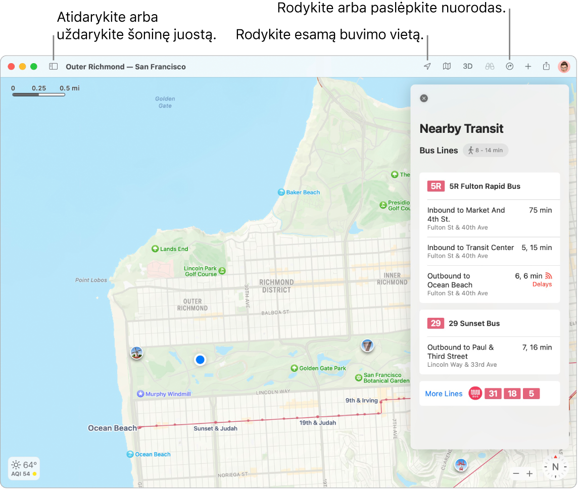 „Maps“ langas, kuriame rodoma, kaip gauti keliavimo nurodymu spustelėjus atvykimo vietą šoninėje juostoje, kaip atidaryti ar uždaryti šoninę juostą ir kaip rasti dabartinę buvimo vietą žemėlapyje.