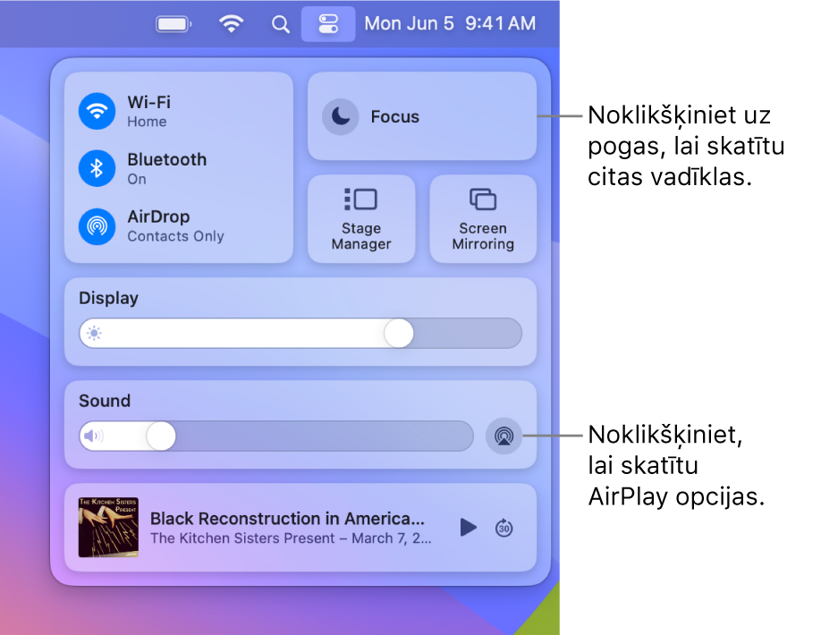 Pietuvināts izvēlnes Notification Center skats Mac datorā ar remarku pie pogas Display.