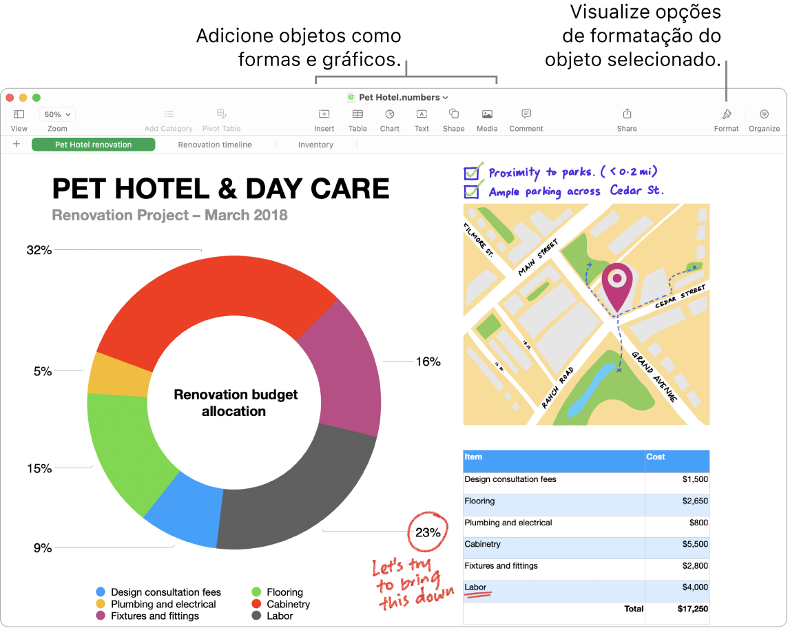 Uma janela do Numbers com a barra de ferramentas e suas ferramentas de edição na parte superior, o botão Colaborar próximo à parte superior direita e os botões Formatar e Organizar à direita.