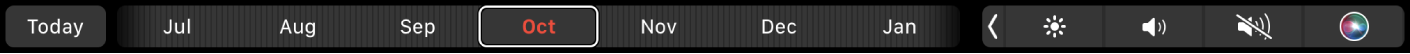Touch Bar do Calendário com o botão Hoje e um controle deslizante para selecionar um mês.